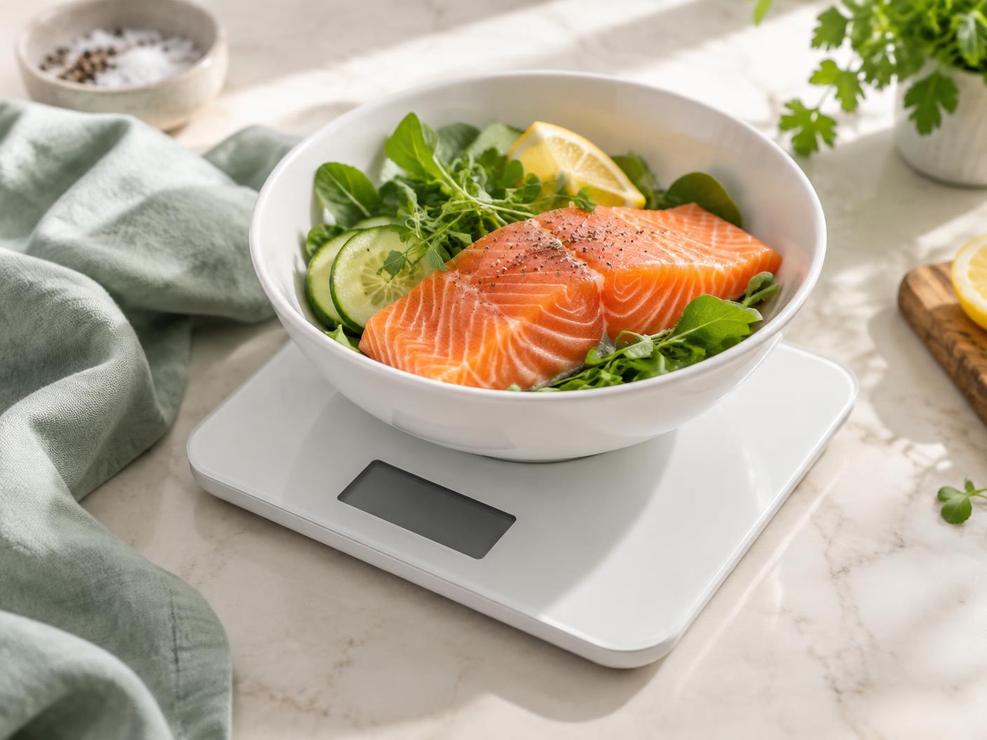 Weighing portions on a kitchen scale
